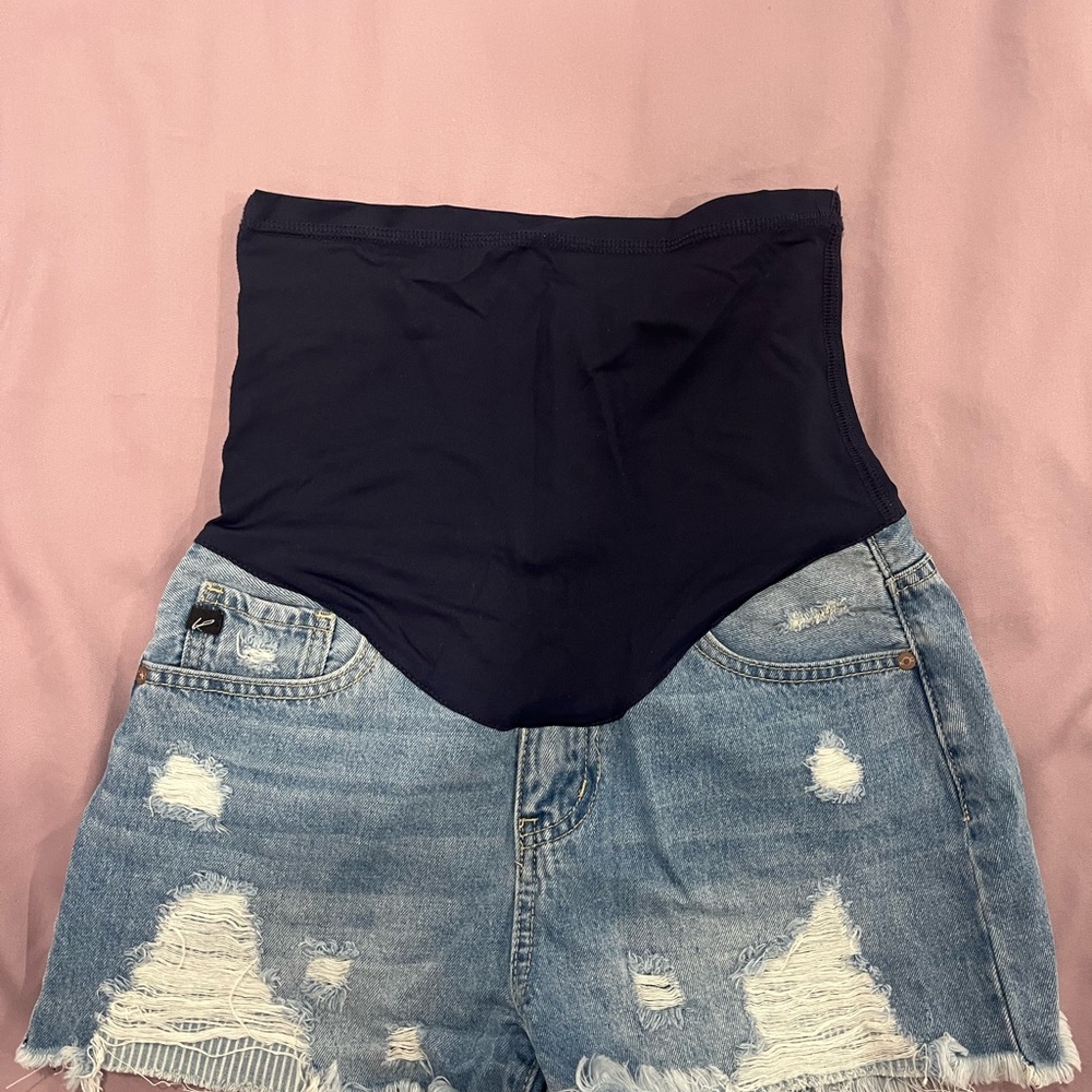 Light wash denim maternity shorts